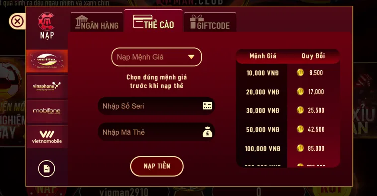 Nạp Tiền ManClub Qua Thẻ Cào Nhanh Chóng An Toàn Cho Mọi Game Thủ