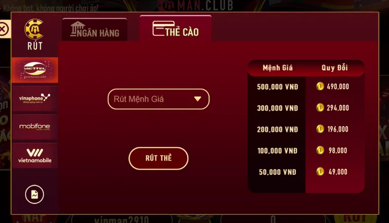 Rút Tiền ManClub Bằng Thẻ Cào Nhanh Chóng An Toàn Cho Game Thủ